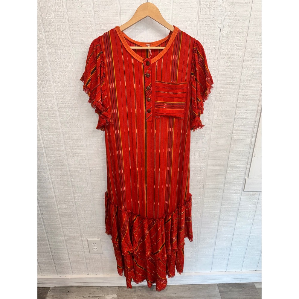 Free People Midi Dress Women Red Ikat Stripe Ruffle High Low XS